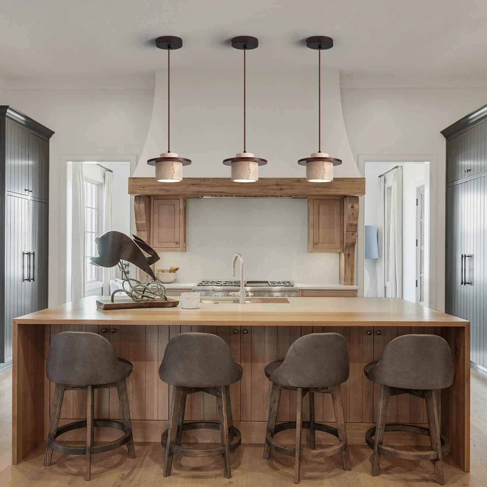 ADCTHOME Nordic Natural Stone Pendant Light Wabi-Sabi Yellow Cave Stone Chandelier, Dimmable Modern Wood Hanging Lamp Fixture for Kitchen Island,Dining Room,Bedside,Restaurant,Cafe,Bedroom(1-Pack)