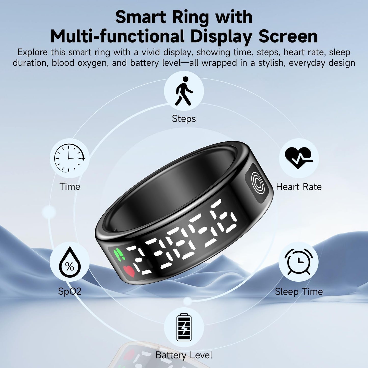 Smart Ring with Display - Fitness Tracker, Heart Rate Monitor, Sleep Tracker, Step Counter, Gesture Control for TikTok & Camera - IP68 Waterproof, Extended Battery Life Black #10