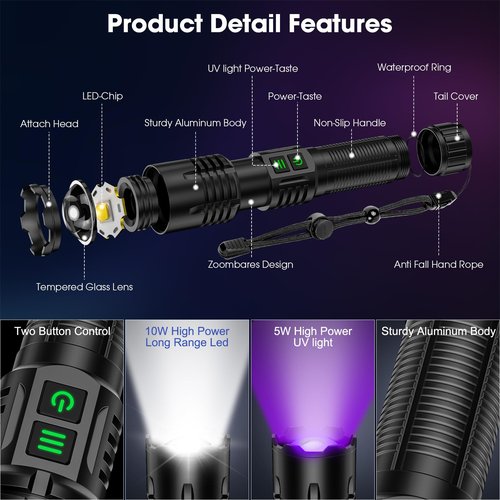 UV Blacklight&High Lumens Flashlight Rechargeable, Powerful Blacklight Flashlights for Pet Urine Detection, Resin Curing, Scorpion, Zoomable Waterproof Tactical LED Flashlight for Camping, Emgergency