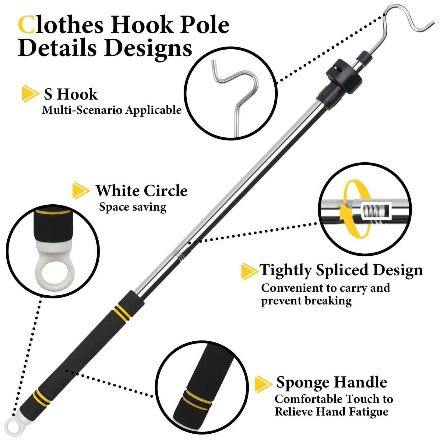 Clothes Hanger Reaching Hook, Attic Pull Down Hook Extendable 36-66inch Sponge Handle Hard to Break Apply to Closet Poles for Hanging Clothes Closet Extender Hanging Rod Clothesline Pole.