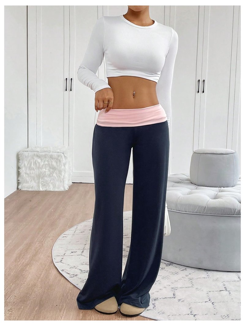 SOLY HUX Women's Sweatpants Color Block Low Rise Fold Over Waist Baggy Wide Leg Pants Dark Blue and Pink Small