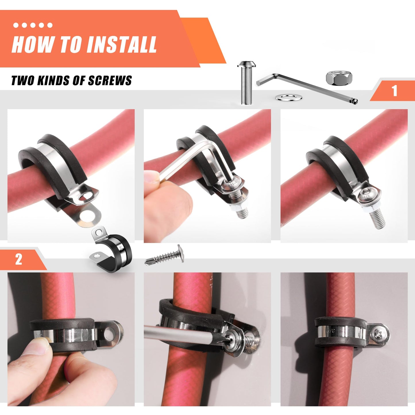 WYSIWYKA 220PCS Cable Clamps Assortment Kit 10 Sizes,304 Stainless Steel Rubber Cushion Pipe Clamps 1/4" 5/16" 3/8" 1/2" 5/8" 3/4" 1" 1-1/4" 1-1/2" 1-3/4" Metal Wire Clamps(With two kinds of screws)