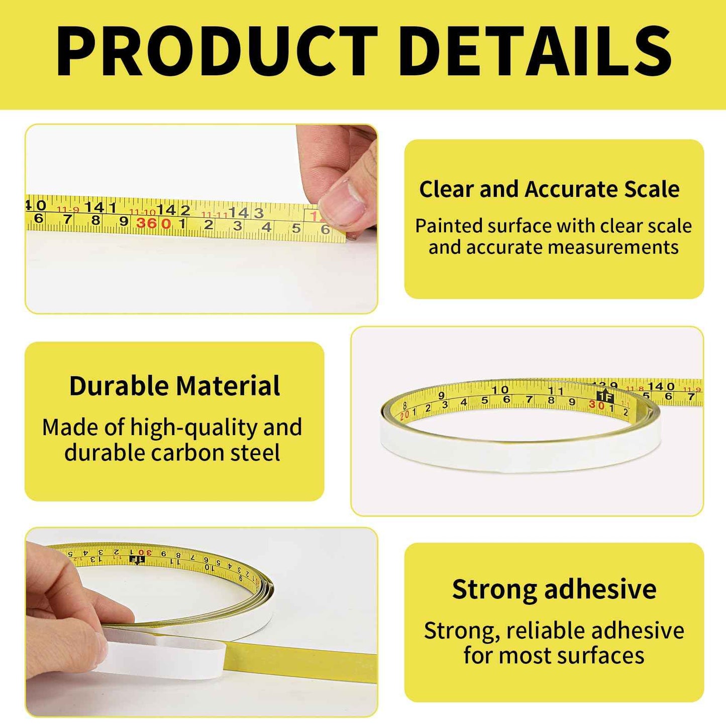 10 Packs Self Adhesive Measuring Tape Adhesive Tape Measure Stick on Tape Measure for Saw Drafting Table Work Woodworking Workbench (12 ft,Yellow)