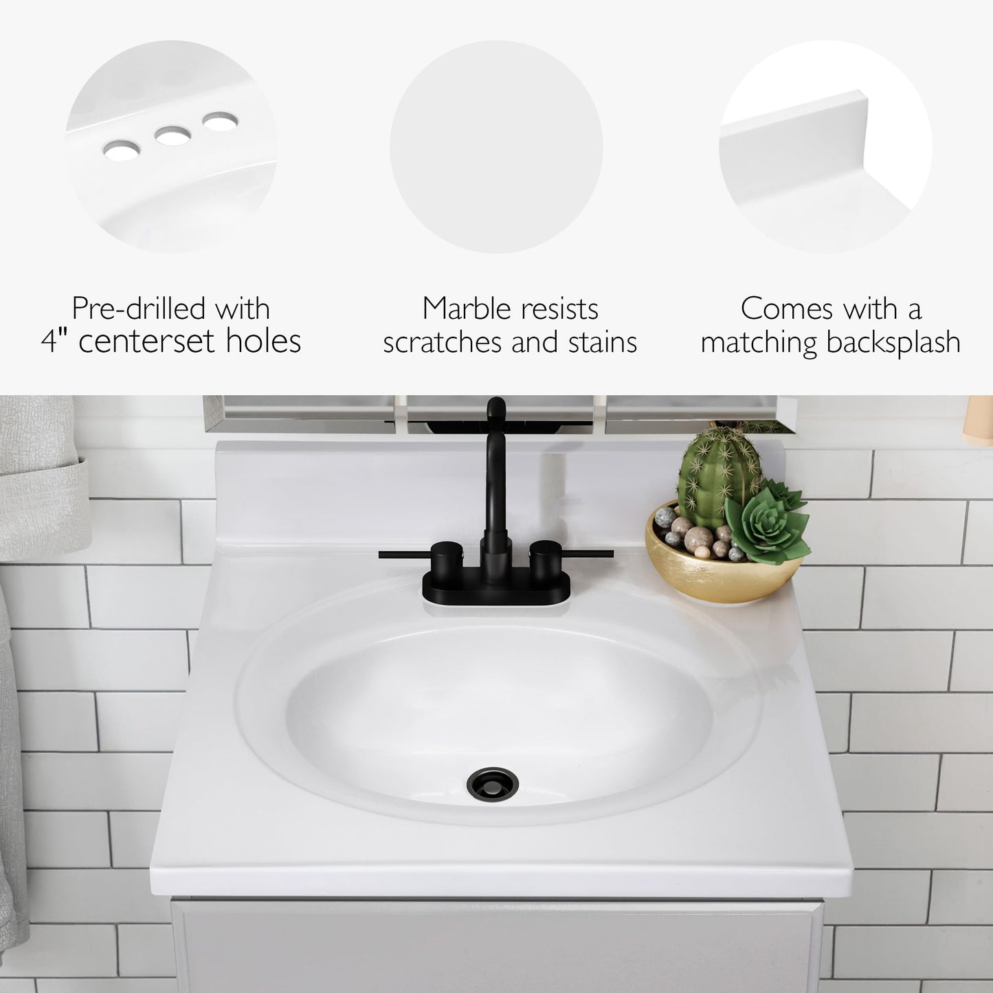 Design House 25 in Wide Vanity Top With Sink, 4 in Backsplash, Cultured Marble, Stain-Resistant, Pre-Drilled Centerset Holes, Solid White, 25 in W x 22 in D x 11.4 in H, 586222