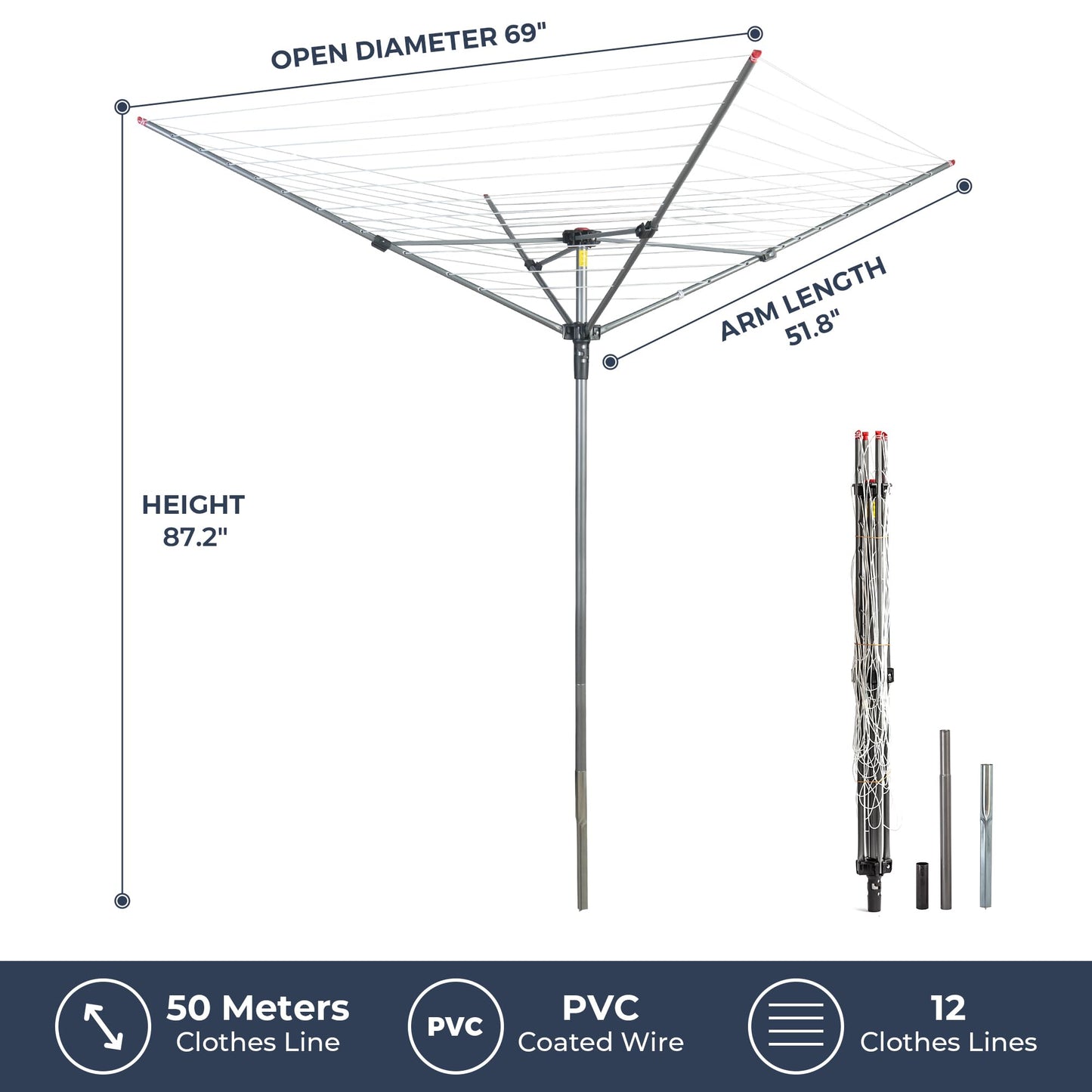 STO STO Umbrella Clothesline Outdoor Drying Rack, 164 Feet Rotary Clothes Drying Rack with Adjustable Height, Folding Laundry Line with Metal Ground Spike for Backyard, Patio, Garden, Heavy Duty