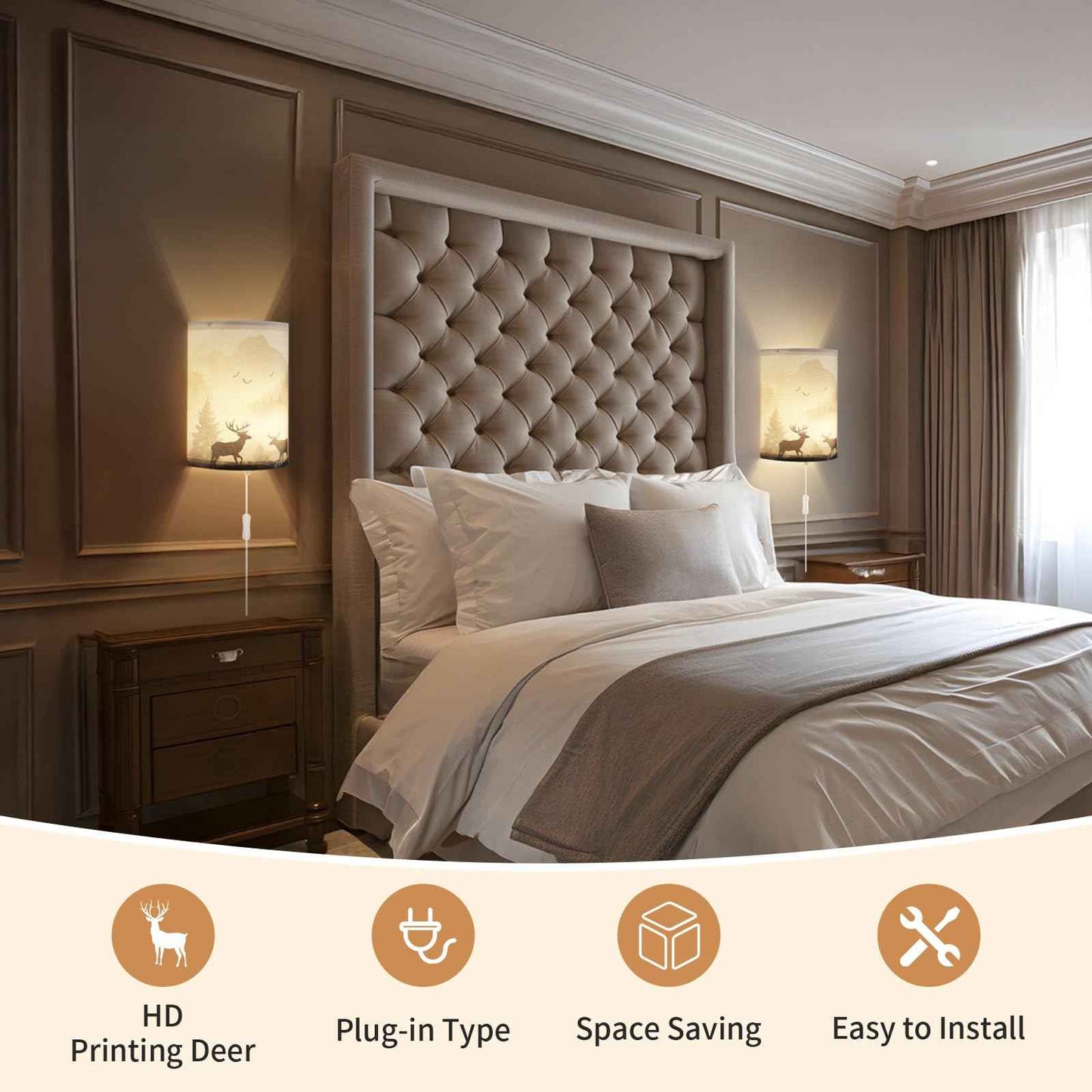 Novantl Fabric Plug in Wall Sconces, HD Printing Deer Wall Lamp, Rustic Farmhouse Corner Wall Sconce Plug in, Plug in Sconce with UL Certified Clear Cord, Wall Lamps for Living Room, Bedroom (2 Packs)
