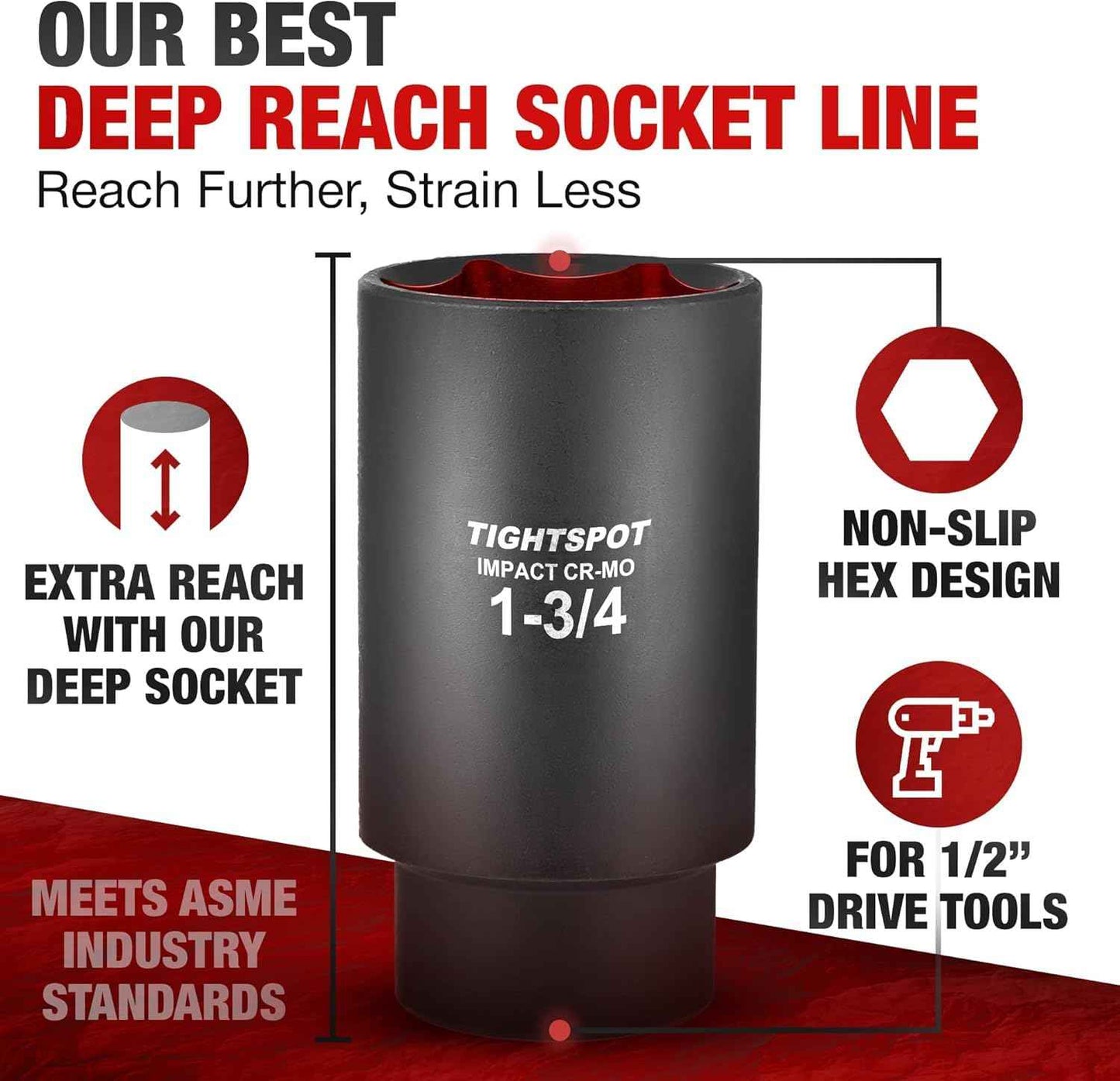 TIGHTSPOT 1/2 Inch Drive - 1 3/4 Inch Deep Impact Socket with Anti-Rounding 6 Point Design, Heat-Treated CRMO Steel