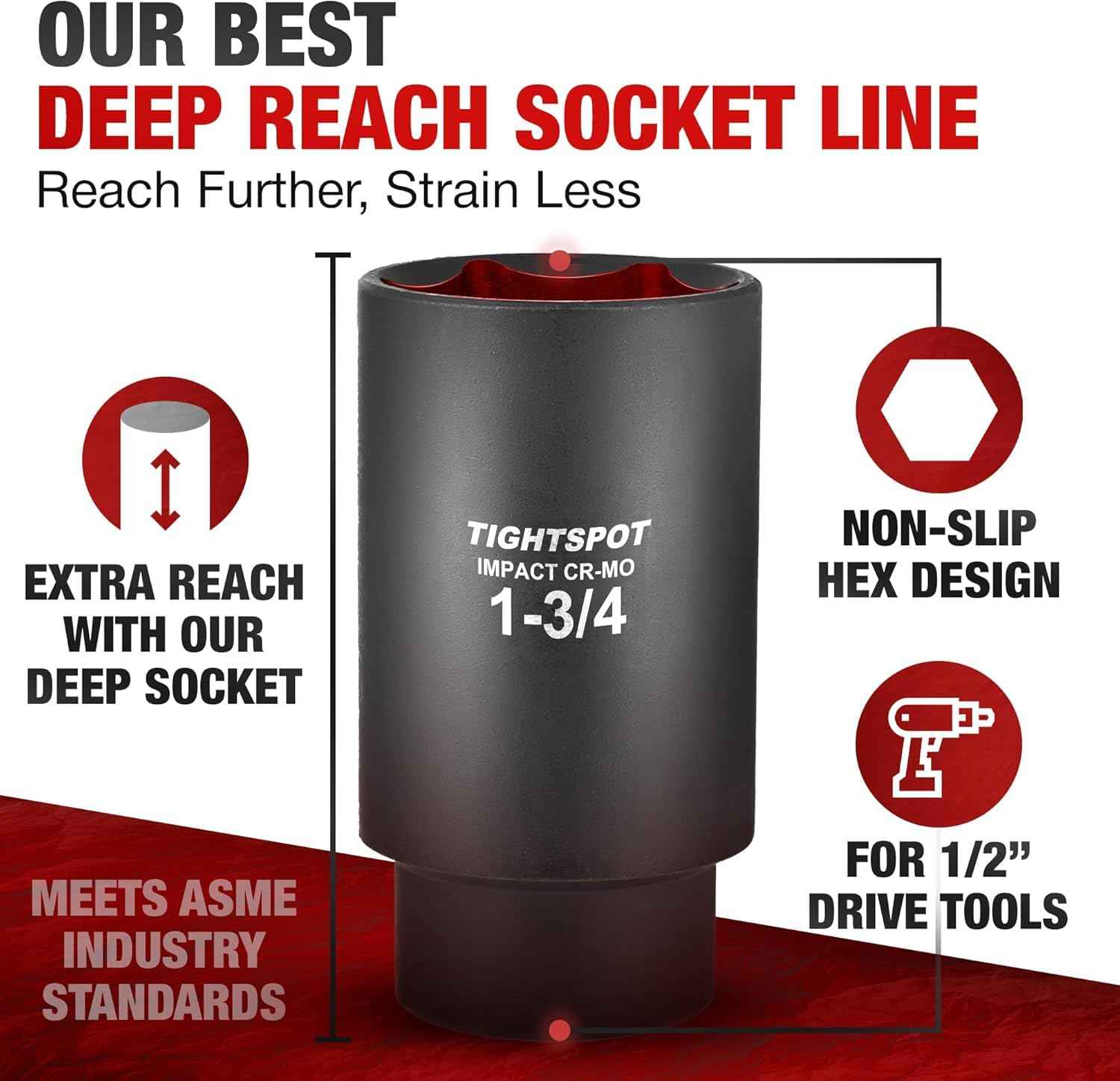TIGHTSPOT 1/2 Inch Drive - 1 3/4 Inch Deep Impact Socket with Anti-Rounding 6 Point Design, Heat-Treated CRMO Steel
