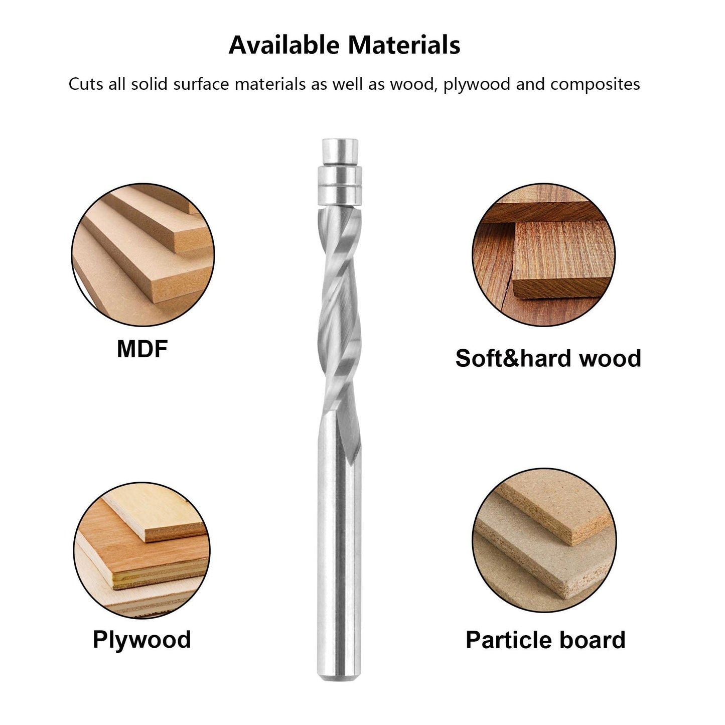 SpeTool 5PCS Upcut Spiral Flush Trim Router Bits Set with 1/4" Shank,3" OVL Carbide Bottom Bearing Spiral Bit for Woodworking Trimming