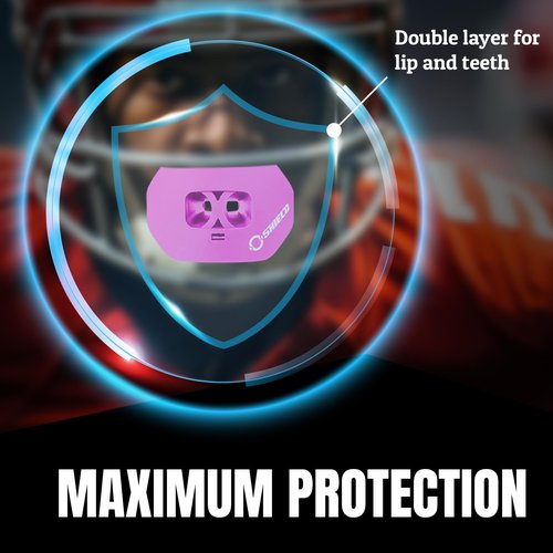 O Shield Mouth Guard for Football with Dual-Layer Protection, Built-in Air Channels, Extended Lip Shield, Soft Material, Adult and Youth Sizes with Strap/Case, Pink