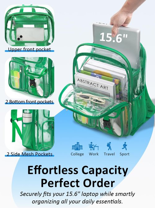 QOECI Double-Layer Clear Backpack Heavy Duty, 17 Inch Large Clear Bookbag, Transparent See Through Backpack For Work, College, Travel, Sport- Green