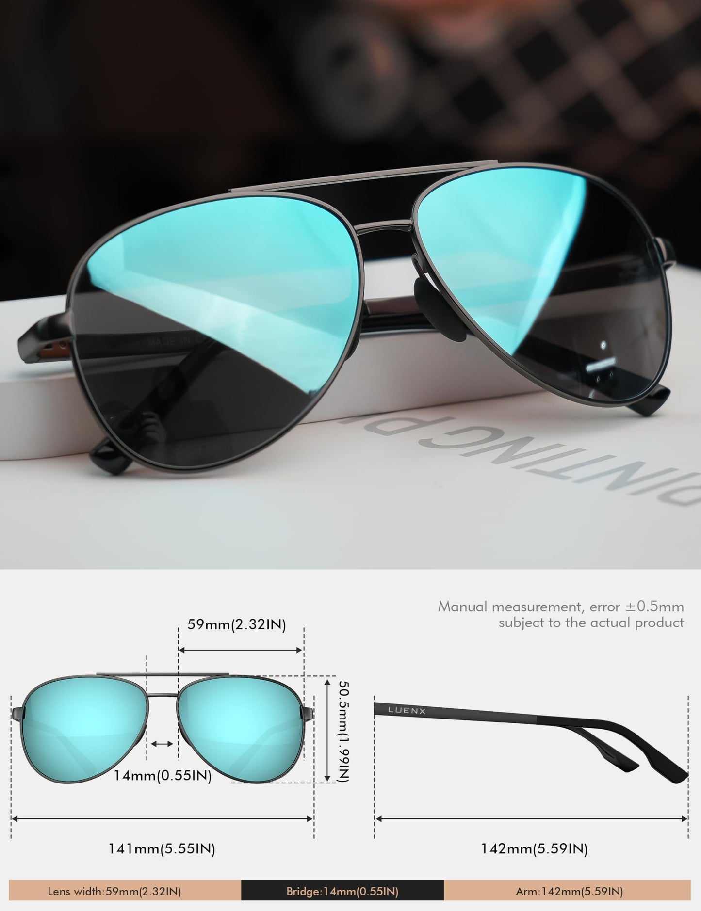 LUENX Aviator Sunglasses for Men Women Polarized - UV400 Protection, Stylish Shades, Driving, Outdoor Activities 59MM(Light Blue)