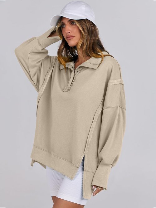 ANRABESS Women's Oversized Sweatshirt - Casual Button-Up Henley Pullover Top in High-Low Design