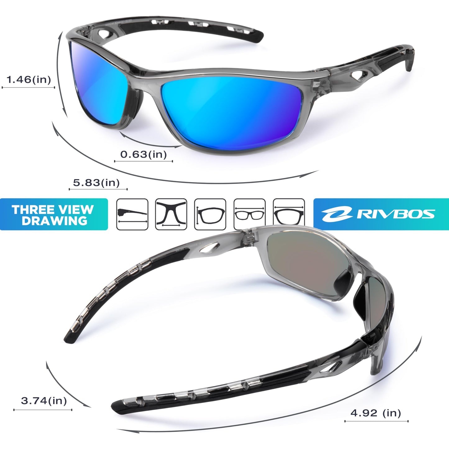 RIVBOS Sunglasses for Men Women Polarized UV Protection Sports Fishing Driving Shades Cycling RB833-transparent Grey ice Blue