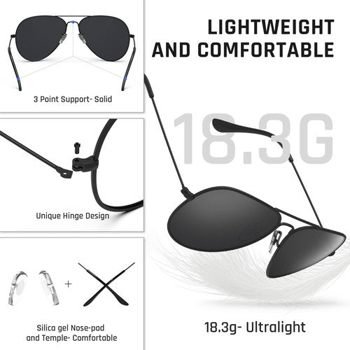 Polarized Aviator Sunglasses for Men and Women Mirrored Lens Metal Frame Cycling Driving Traveling Beach Glasses 3026(Black&Gray Lens)