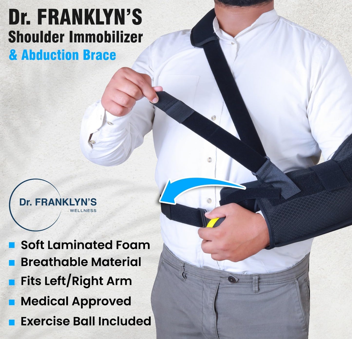 DR FRANKLYN'S Arm Sling Shoulder Immobilizer for Rotator Cuff Pain Relief, Surgery & Broken Arm- Shoulder Abduction Pillow for Injury Support - Brace Includes Pockets-Foam Stress Ball and Wedge