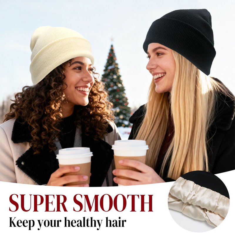 PFFY 2 Packs Womens Satin Lined Beanie Hat Silk Lining Winter Hats Beanies for Women Soft Slouchy Beanie Skull Cap Black+Black