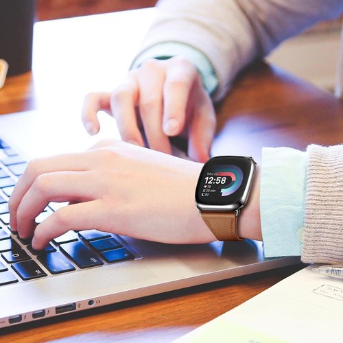 Slim Leather Bands Compatible With Fitbit Versa 4, Leather Replacement Strap For Versa 4 Bands For Women (Brown/Silver)