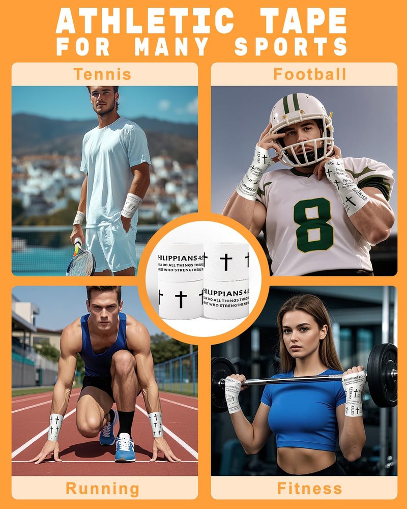Yigney 4 Pack Christian Athletic Tapes Religious Sport Tape Bible Verse Wrist Tape Cross White Tape for Sports Gymnastics Tennis 2IN X 23FT