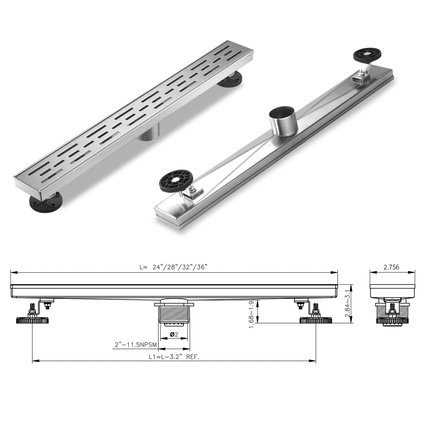 BAUNVB Linear Shower Drain, Brushed Nickel Shower Drain 36 Inch with Removable Grate, SUS-304 Stainless Steel Rectangle Floor Drain with Leveling Feet and Hair Strainer, Bathroom Modern Drain SD-101