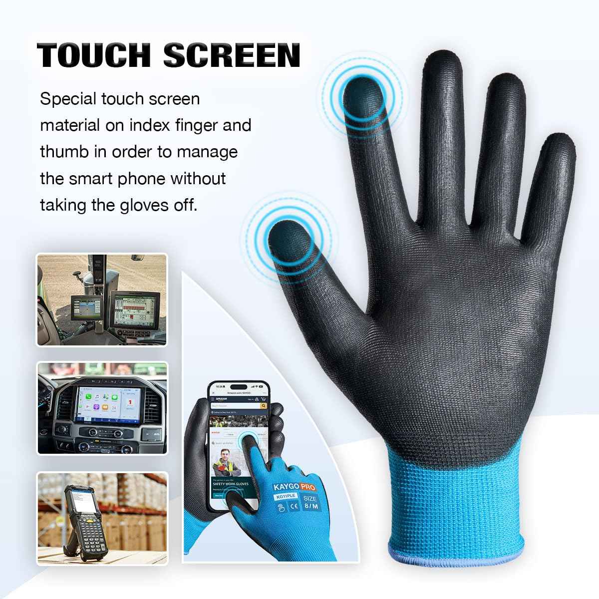 KAYGO Safety Work Gloves PU Coated for Men and Women, KG11P 12 Pairs Seamless Knit Glove with Two Fingers Touchscreen,Ideal for General Duty Work (Blue,M)
