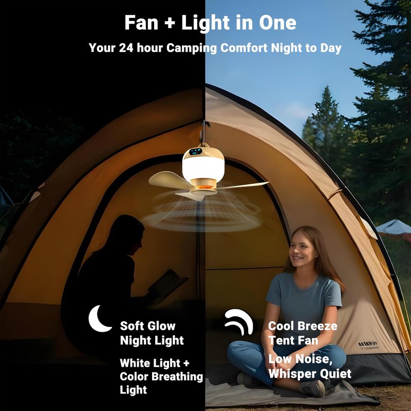Negxi Camping Fan with Light & Remote, Portable Ceiling Fan for Tents, Canopy, Beach, RV, Car, Camper & Outdoor, Wireless Rechargeable Hanging Pop up Tent Fan - 3 Speed Breeze & Timer, 10.63 Inch