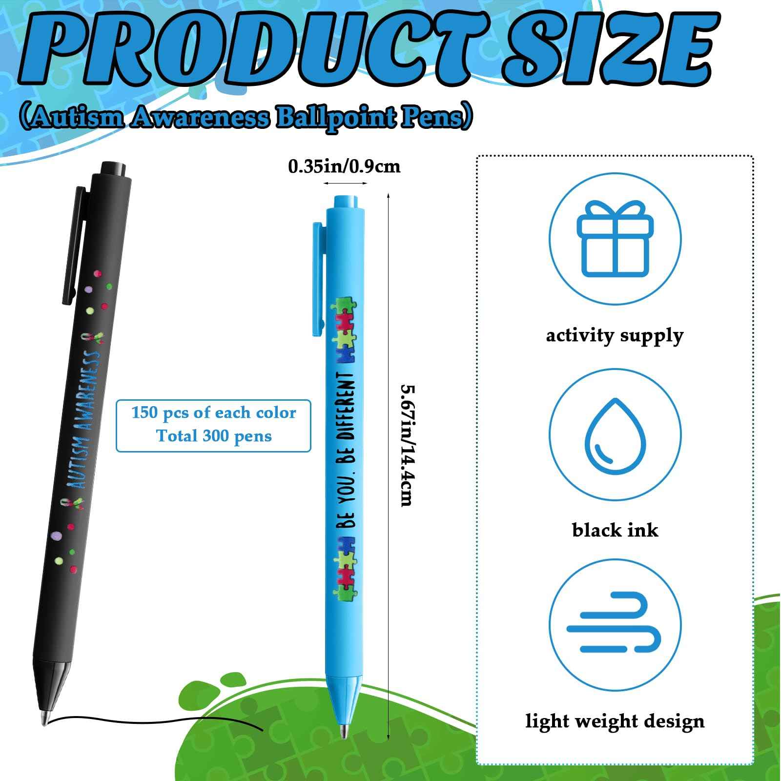 Jetec 300 Pcs Autism Awareness Pens Bulk Inspirational Retractable Mental Health Ballpoint Pens Autism Acceptance Gifts Puzzle Asperger's Awareness Gift for Classroom Office Stationery Supplies