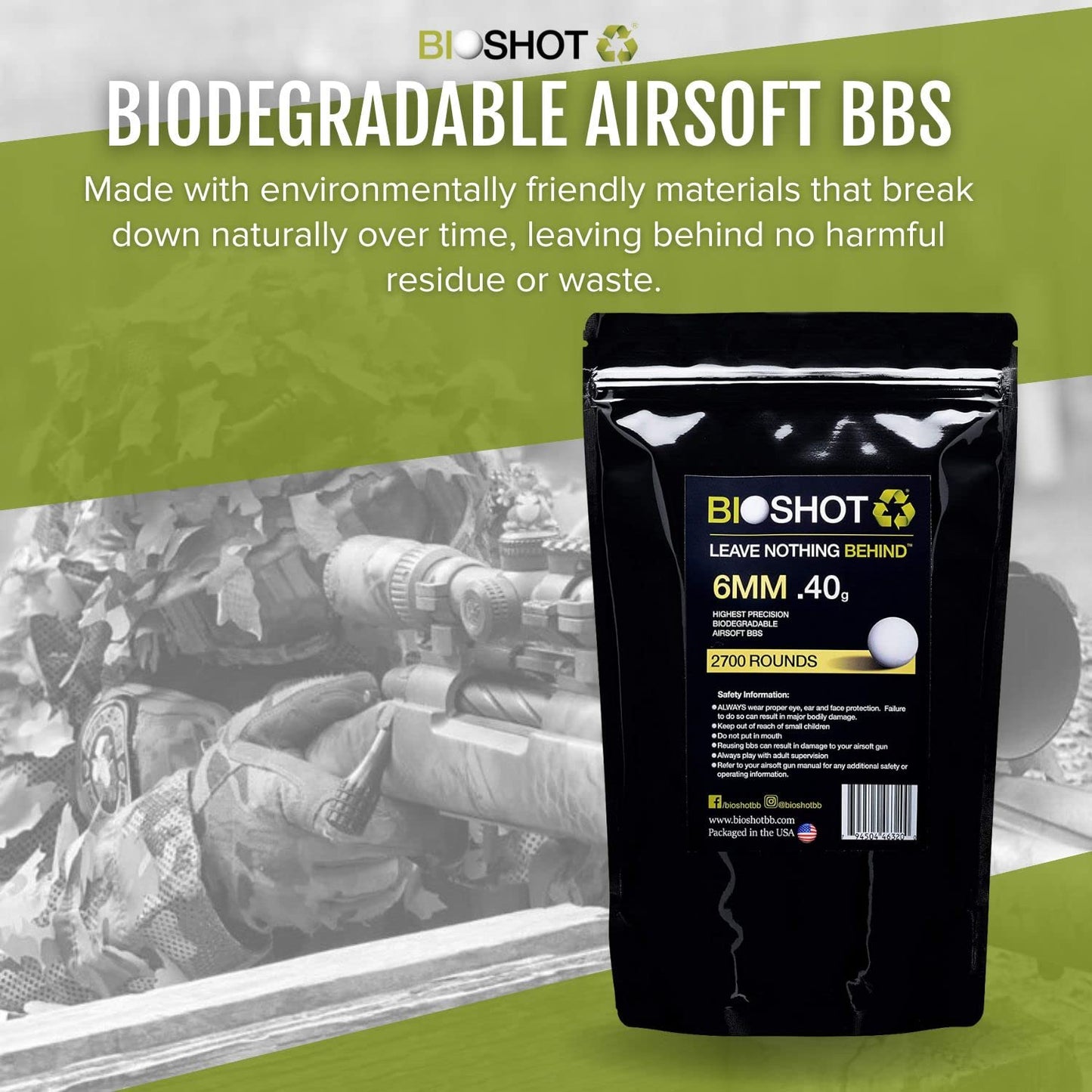 BioShot Biodegradable Airsoft BBS - .40g Super Slick Seamless Sniper Weight Competition Match Grade for All 6mm Airsoft Guns and Accessories (2700 Rounds, White)