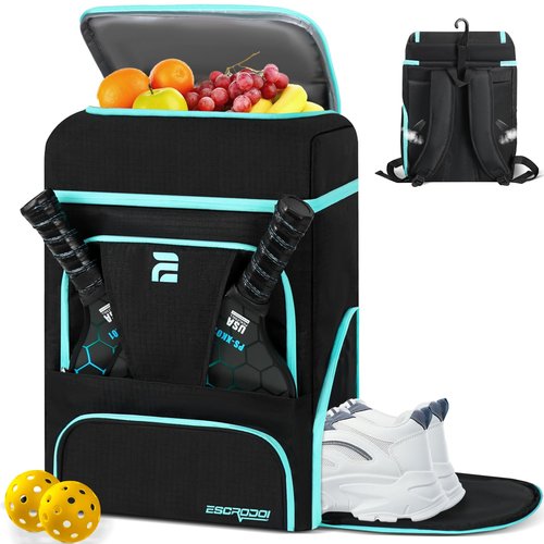 ESCRODOI Pickleball Bag Backpack with Shoe Compartment & Cooler, Large Pickleball Sport Backpack for Men&Women, Multi-Pocket Gym Bags for Sports&Work with Laptop Compartment, Black