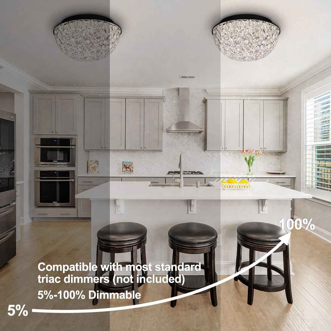 12" Dimmable Modern Crystal Chandelier - LED Flush Mount Ceiling Light for Dining Room, Entryway, Kitchen & More - ETL Listed Black