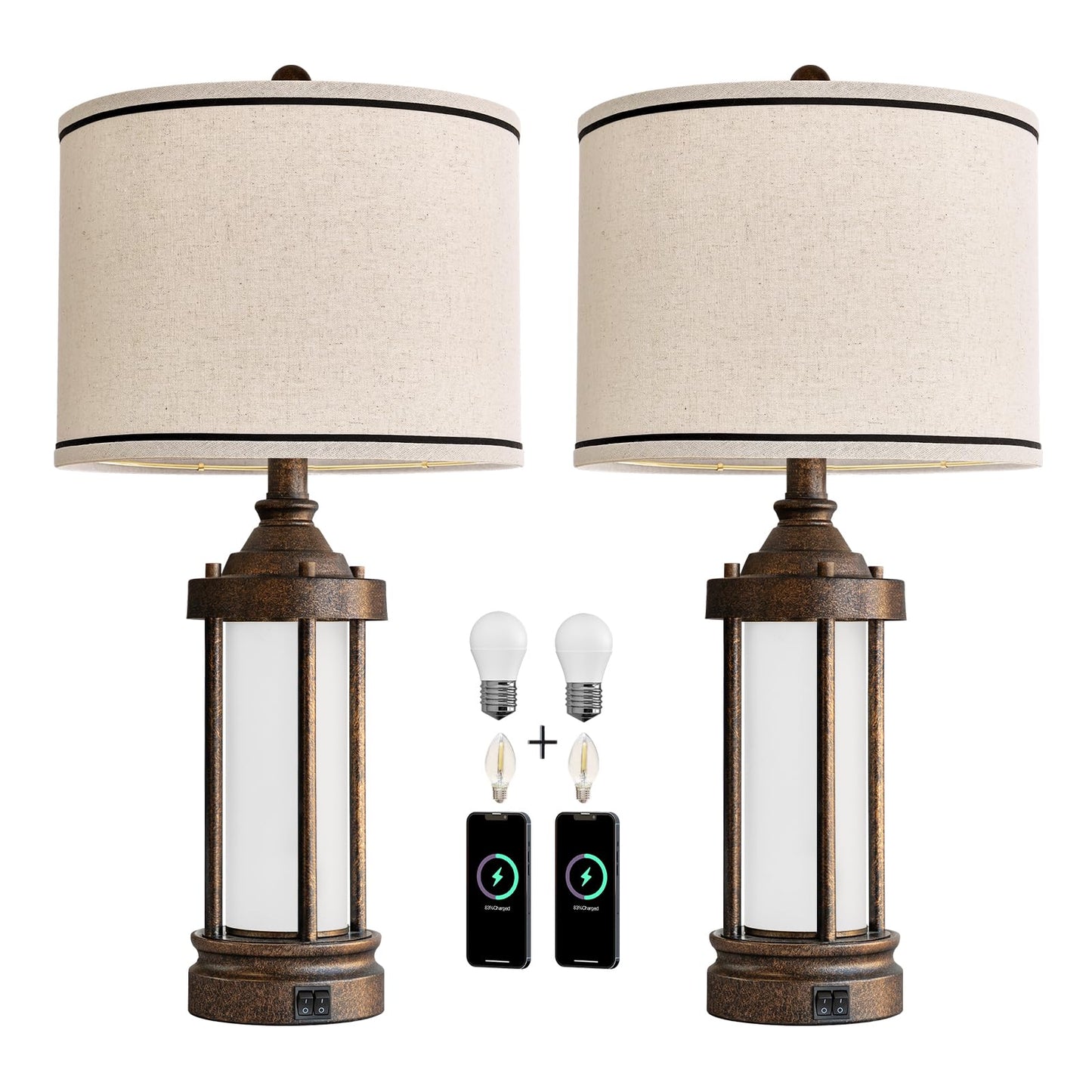 25'' Table Lamps Set of 2 for Living Room Bedroom Farmhouse Metal Lamps with 2 USB Ports, Built-In Frosted Glass Night Light Vintage Industrial Nightstand Bedside Lamp, 4 Bulbs Included, Bronze