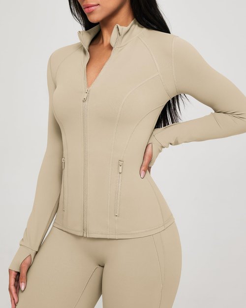 GYM RAINBOW Workout Jackets for Women Athletic Running Gym Yoga Jacket Lightweight Full Zip Slim Fit Sports Tops Thumb Holes Pockets(Oxford Tan,Medium)