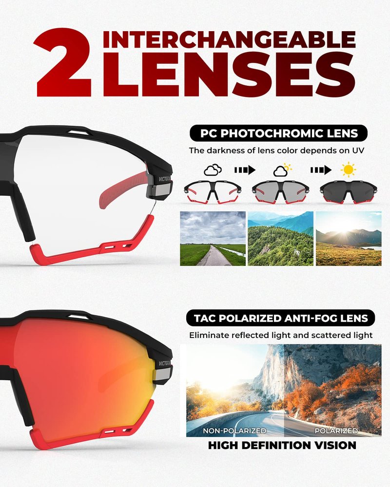 VICTGOAL Cycling Glasses for Men Women with Polarized and Photochromic 2 Lenses Clear Road Bike Running Sports Sunglasses (Black)