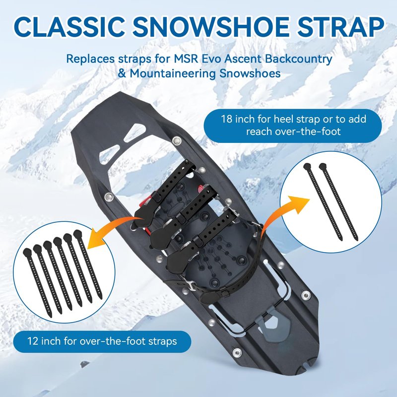 ERETOW Snowshoe Straps for MSR Snowshoes, Includes 6x12" and 2x18" Straps, Compatible with MSR Denali Evo Ascent Snowshoes & PosiLock Bindings, Black