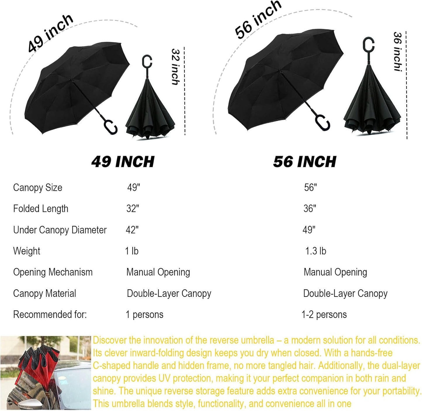SIEPASA Inverted Reverse Umbrella - Extra Large Double Canopy, Windproof & Waterproof | 49/56 Inch C-Shape Handle
