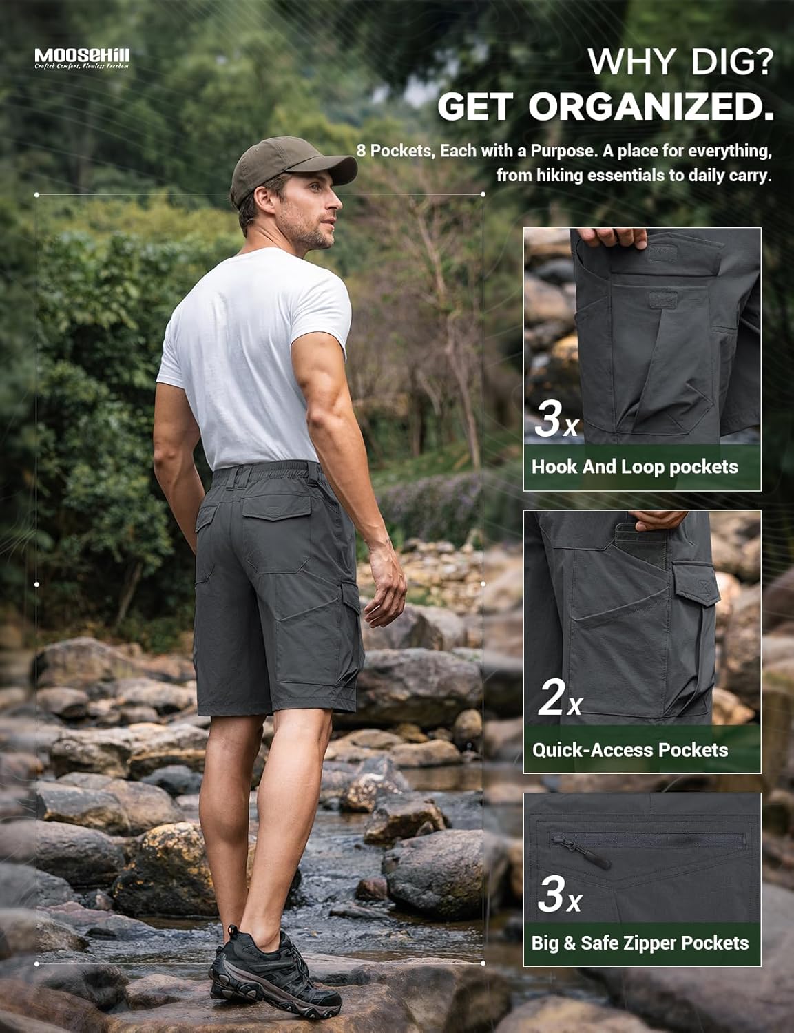 Moosehill Men's Hiking Shorts - Lightweight, Quick-Dry, Water-Resistant | 8-Pocket Design for Outdoor Adventures
