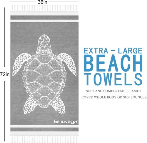Genovega Oversized Cotton Turkish Beach Towels 72"x36" Lightweight Quick Dry Sandless Pool Swim Towel Large No Sand Adult Travel Compact Blanket Essentials Cruise Accessories Must Haves Grey Turtle