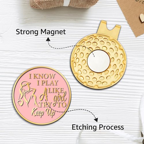 Hafhue I Know I Play Like A Girl Try to Keep Up Pink Gold Golf Ball Marker with Magnetic Hat Clip Stainless Steel-Great Gift for The Golfer with a Sense of Humor and Perfect for The Golf Course