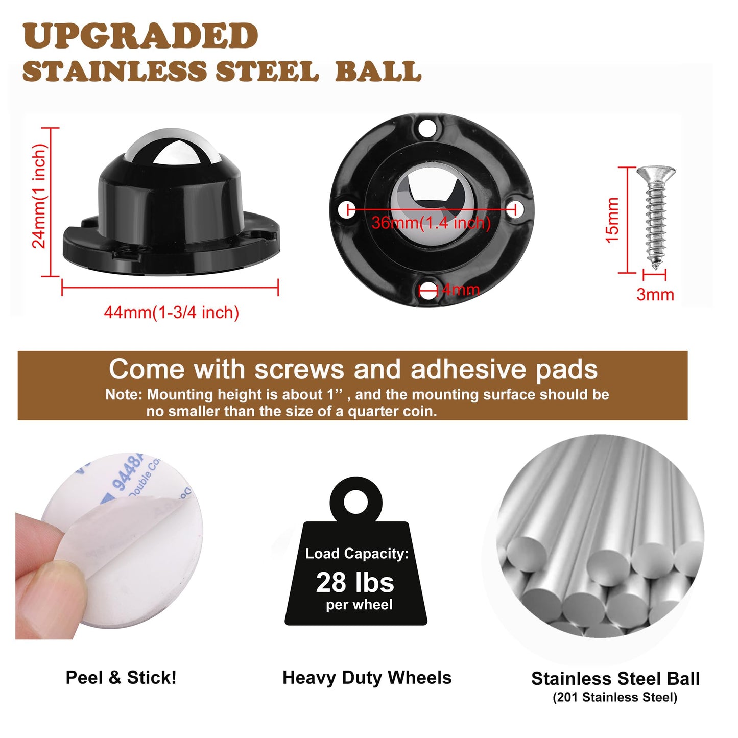 PlusRoc 8 Pack Anti-Rust Wheels Stainless Steel Self Adhesive Caster Wheels for Mop Bucket, Kitchen Appliance Rollers Sliders, Load Capacity 28LBS Per Wheel for Furniture