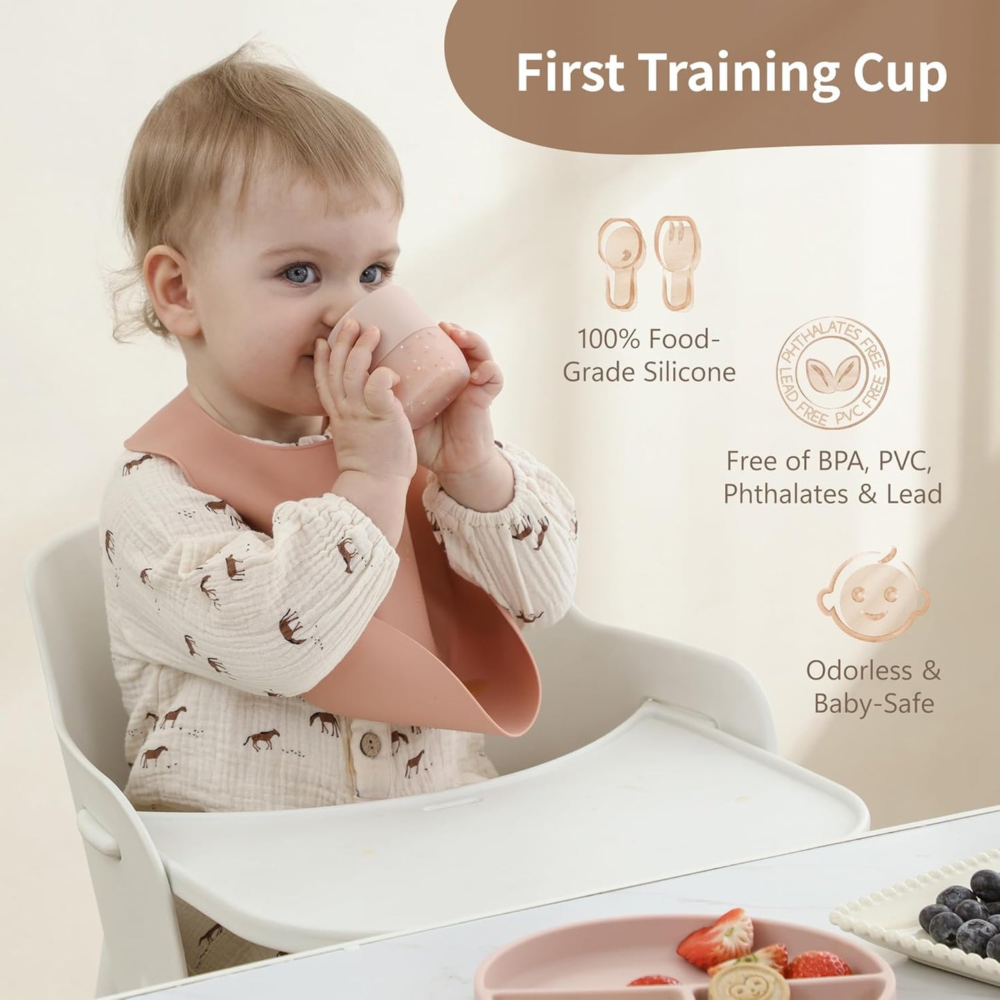 Moonkie Baby Training Cup Set - Essential Sippy Cups for Baby-Led Weaning | 2 Pack in Blush | 4 Months+
