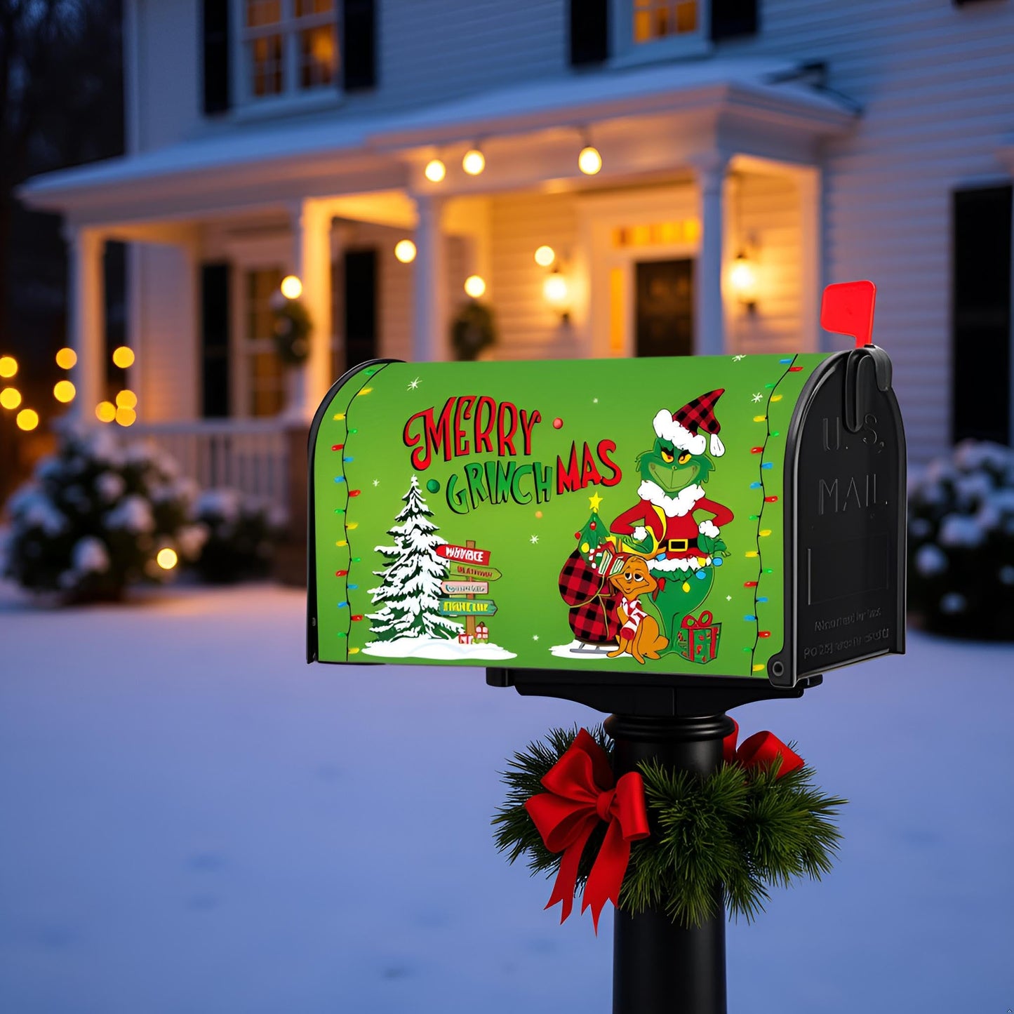 BWFY Christmas Mailbox Cover,Christmas Welcome Mailbox Cover Magnetic Standard 21" x 18", Green Xmas Max Dog Decorative Post Letter Box Decoration Wrap Winter Decor for Garden Yard