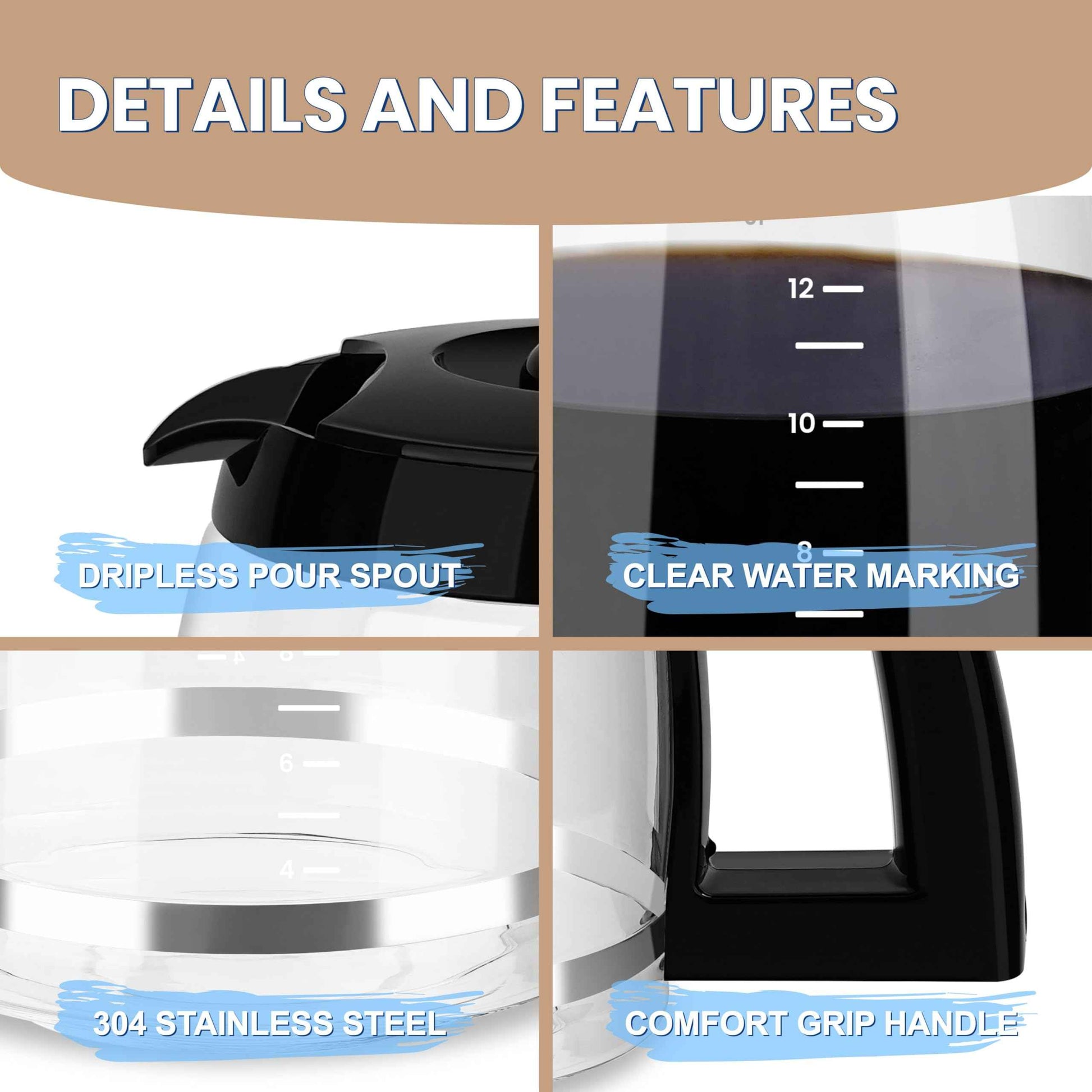 12-Cup Glass Carafe Replacement Compatible With Cuisinart Coffee Maker Models CHW-12, CHW-12P1, DCC-1100BK, DCC-1200, DCC-2650, DGB-550BK, DGB-550BK1, DGB-625BC, DGB-700BC, and SS-12 DCC-1200PRC.