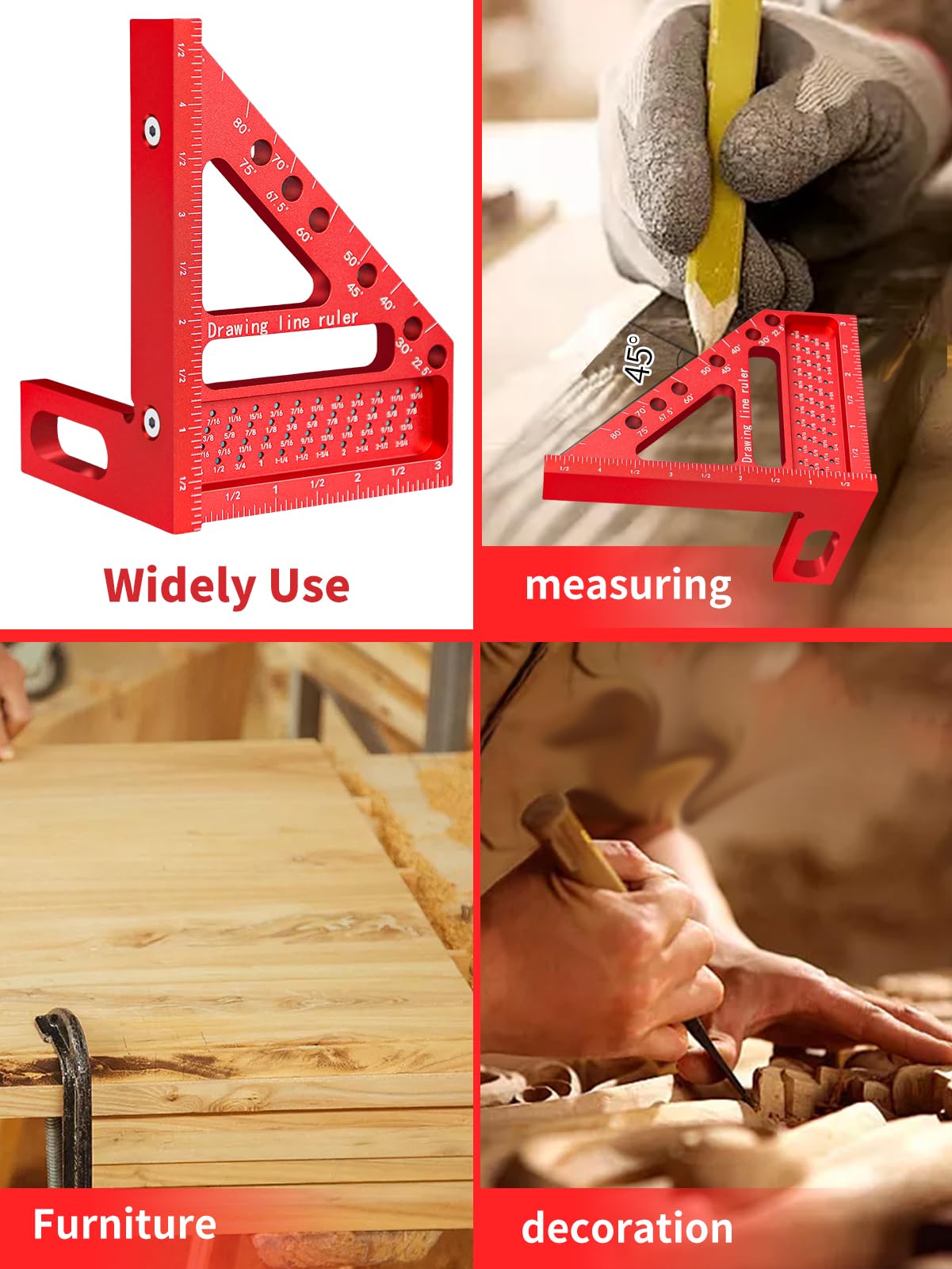 3D Multi-Angle Carpenter Square Aluminum Alloy Multi Hole Scribing Ruler High Precision Woodworking Tools for Engineer Carpenter Crafting (Red)