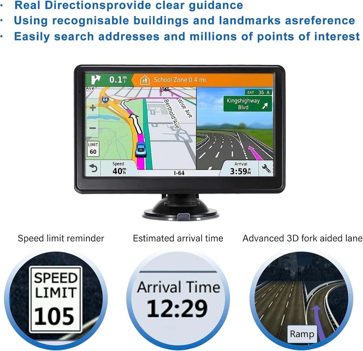 Skiennix GPS Navigation - 7-Inch Touch Screen Car GPS with Voice Guidance & Lifetime Maps