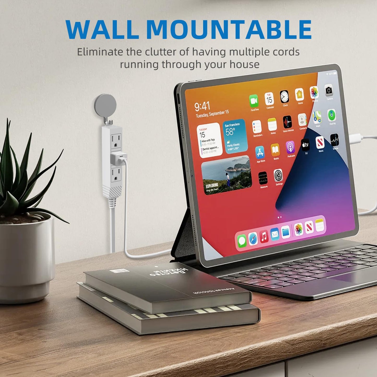 TiFFCOFiO Flat Plug Outlet Strip, 10 Feet Extension Cord 3 Prong, 3 Grounded Outlets with Mounting Holes, 13A/1625W, 16 AWG