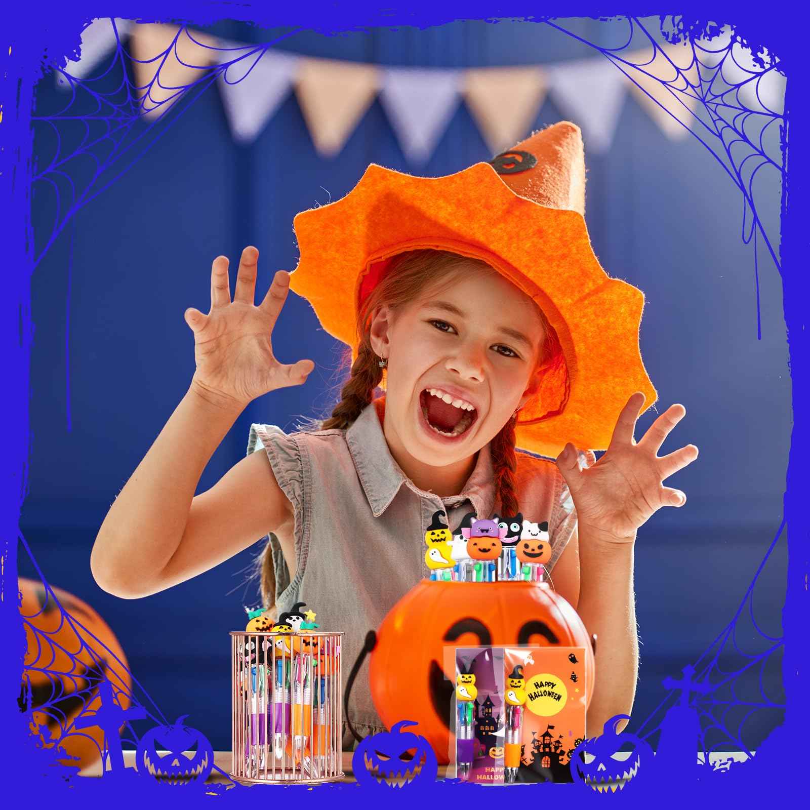 Gilprop 100 Set Multicolor Halloween Retractable Ballpoint Pens 0.7 mm 4-in-1 Halloween Pumpkins Writing Pen with Gift Card Bags for Trick or Treat Party Favors Students Kids School Office Gifts