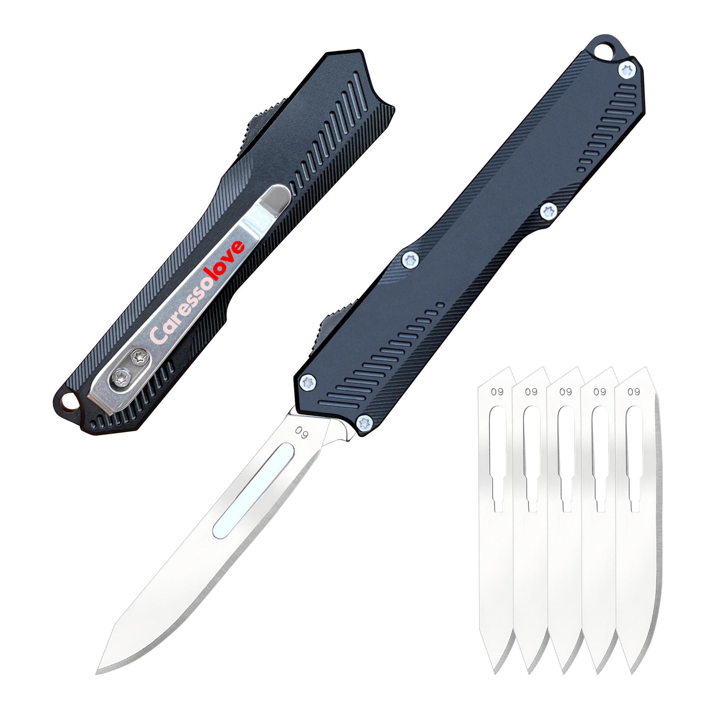 Caressolove Automatic Scalpel Pocket Knife For Daily Tasks, Small Auto Retractable Knife Push Button, 5PCS #60 Mini Razor Blades Utility Knife, EDC Replaceable Blade Box Cutter with Clip