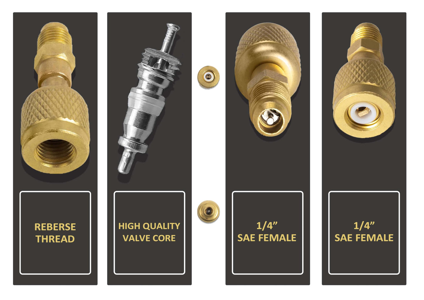 R32 R454B Brass Adapter, 1/4 Inch Female to 1/4 Inch Male Reverse Thread,for R-454B/R-32 A2L Refrigerant Adapter Set Tanks