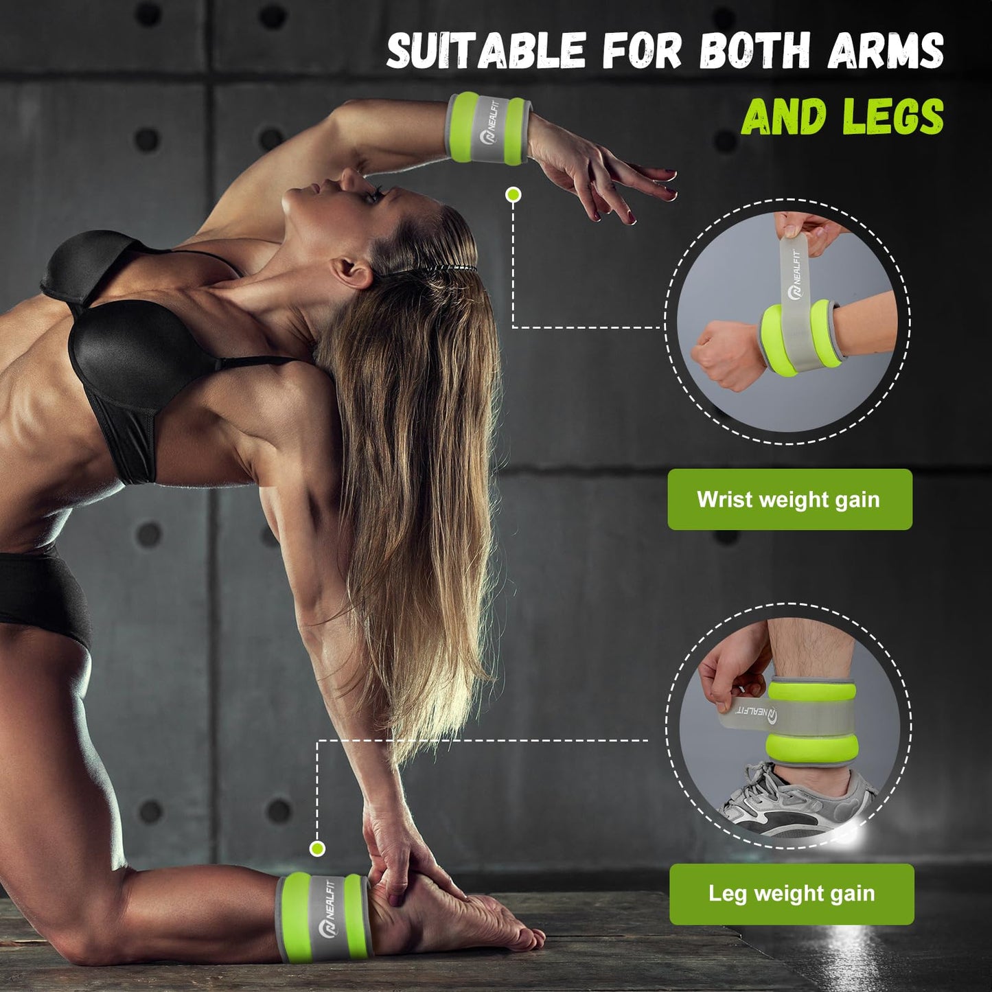 NEALFIT Ankle Weights 1/2/3/4/6/10 LBS for Men Women Kids, Leg Arm Wrist Weights with Adjustable Strap for Running, Aerobics, Strength Training, Physical Therapy, Fitness (Green, 1 lb x 2 (2LB Pair))