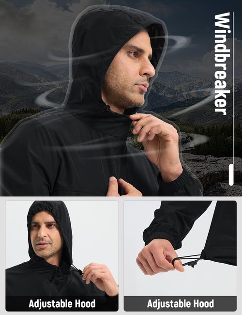 baleaf Men's Rain Jacket Packable Waterproof Golf Windbreaker Hiking Gear Hood Running Raincoat Reflective Black L